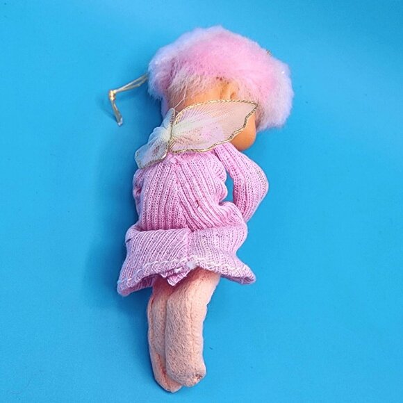 Vintage Pink Hair Pixie Angel Ornament Knee Hugger Tulle Wings Gold Japan 1960s - Picture 12 of 12